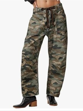 Kedera Barrel Jeans Mid Rise Camo Pants Wide Leg Graphic Trousers XL